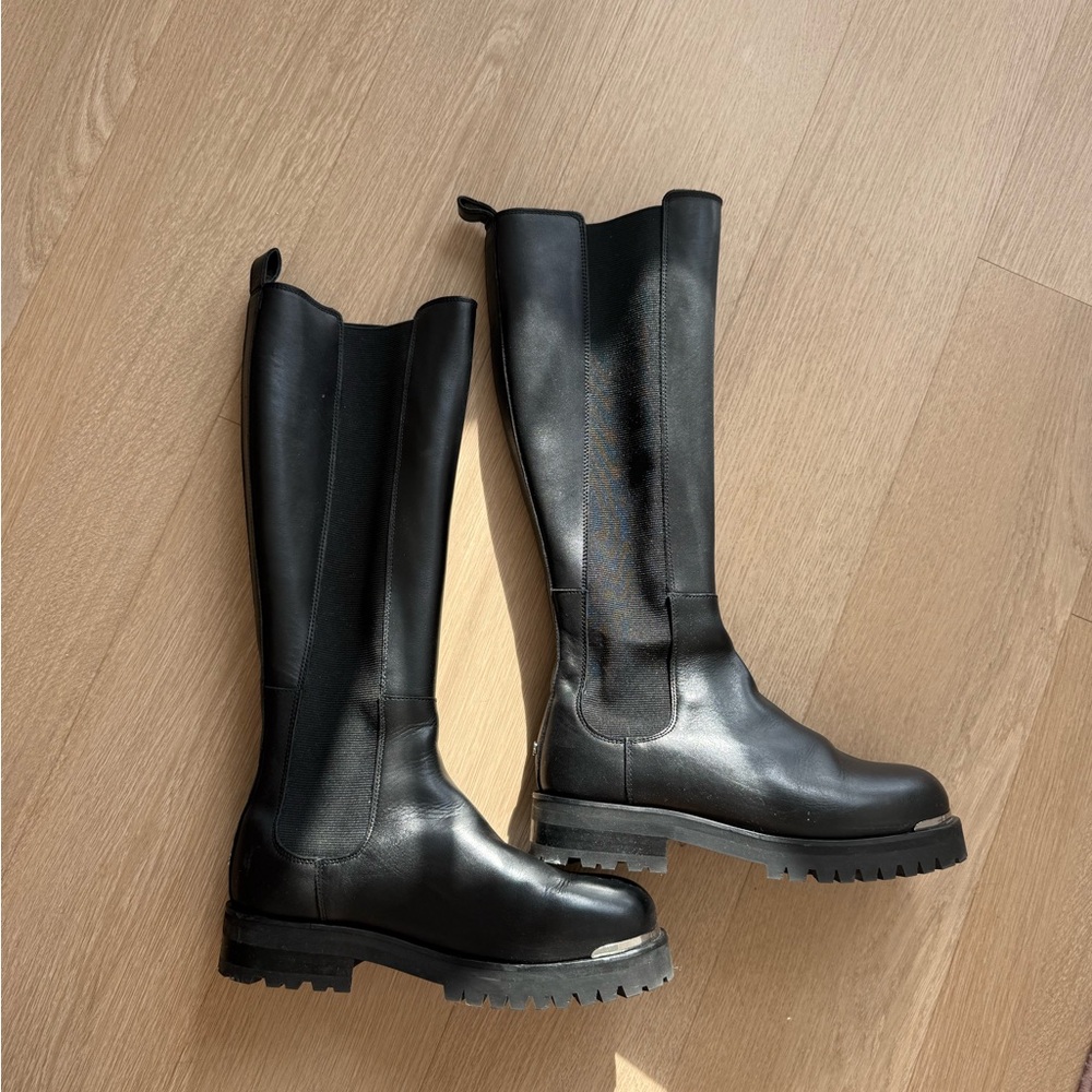 Anine Bing Black Leather Knee-High Lug Sole Boots – Minimal Riding Boot – EU 37
